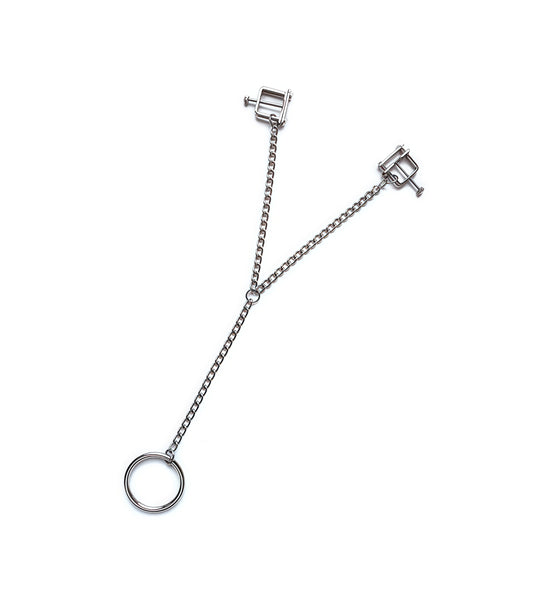 Y-Style Nipple Clamps with Cock Ring Chain – Ultimate Bondage Pressure Play